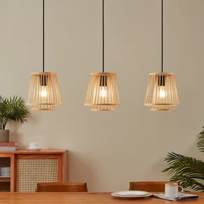 Hykeham pendant light, length 91 cm, natural, 3-bulb, bamboo
