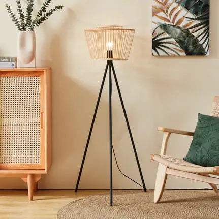 Hykeham floor lamp, height 129.5 cm, natural/black, bamboo