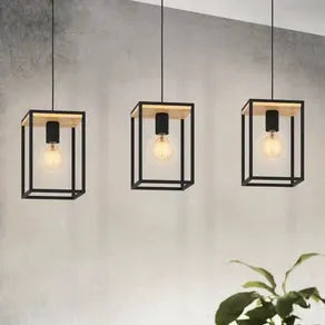 Libertad pendant light, length 88 cm, black/wood, 3-bulb.