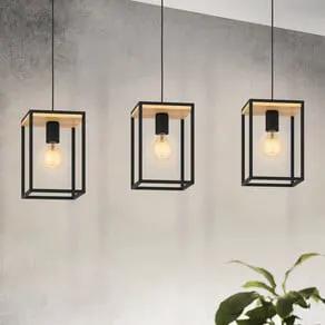 Libertad pendant light, length 88 cm, black/wood, 3-bulb.