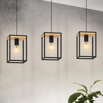 Libertad pendant light, length 88 cm, black/wood, 3-bulb.