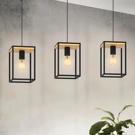 Libertad pendant light, length 88 cm, black/wood, 3-bulb.