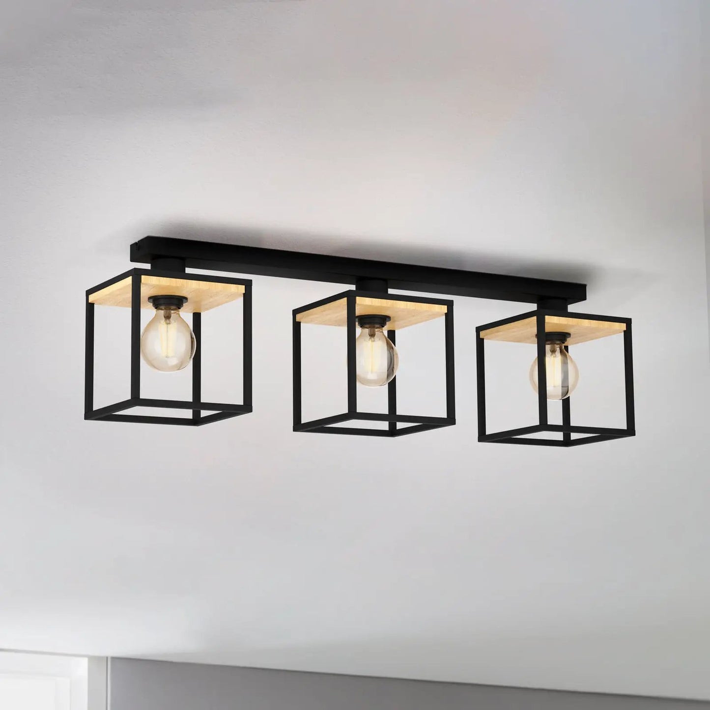 Libertad ceiling light, length 86 cm, black/wood 3-bulb.