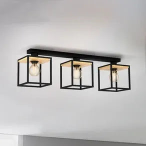 Libertad ceiling light, length 86 cm, black/wood 3-bulb.
