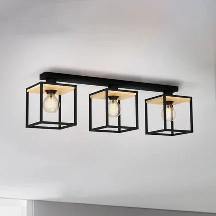 Libertad ceiling light, length 86 cm, black/wood 3-bulb.