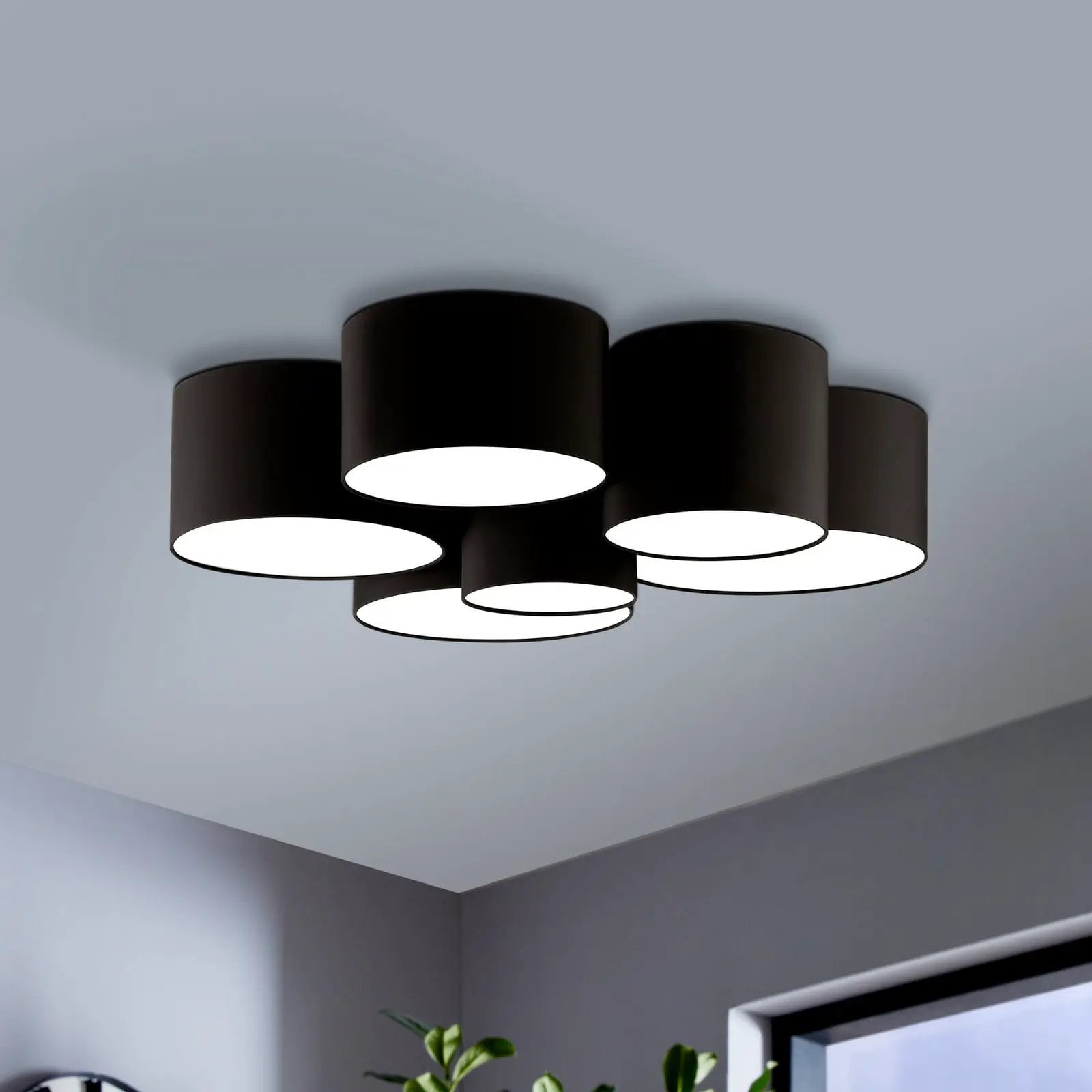 Pastore 2 ceiling light, Ø 99 cm, black, 6-bulb, fabric