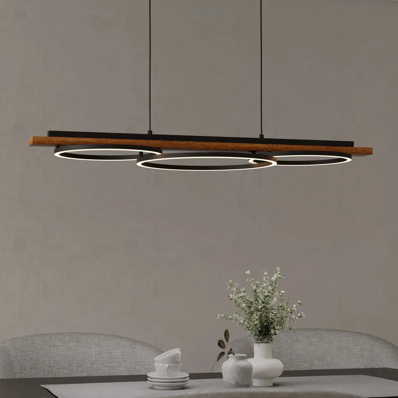 Boyal LED hanging light, brown, length 101 cm, wood, 3-bulb.