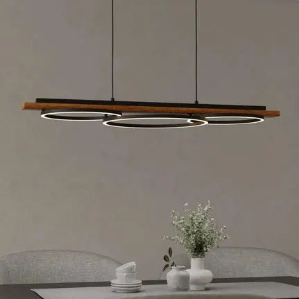 Boyal LED hanging light, brown, length 101 cm, wood, 3-bulb.