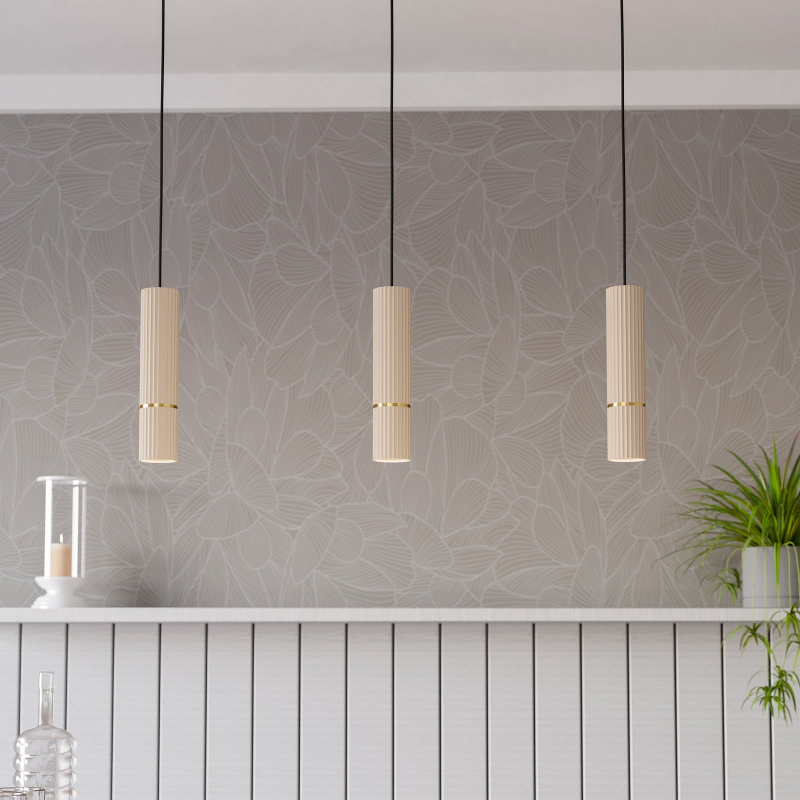 Caminia pendant light, sand colour, length 77 cm, steel, 3-bulb.