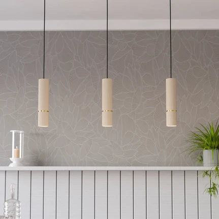 Caminia pendant light, sand colour, length 77 cm, steel, 3-bulb.