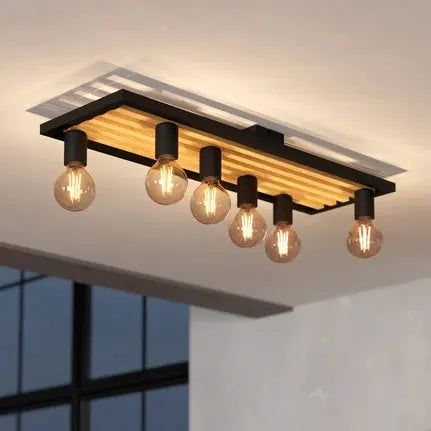 Consett ceiling lamp, black/brown, wood, 78 cm, 6-bulb, E27