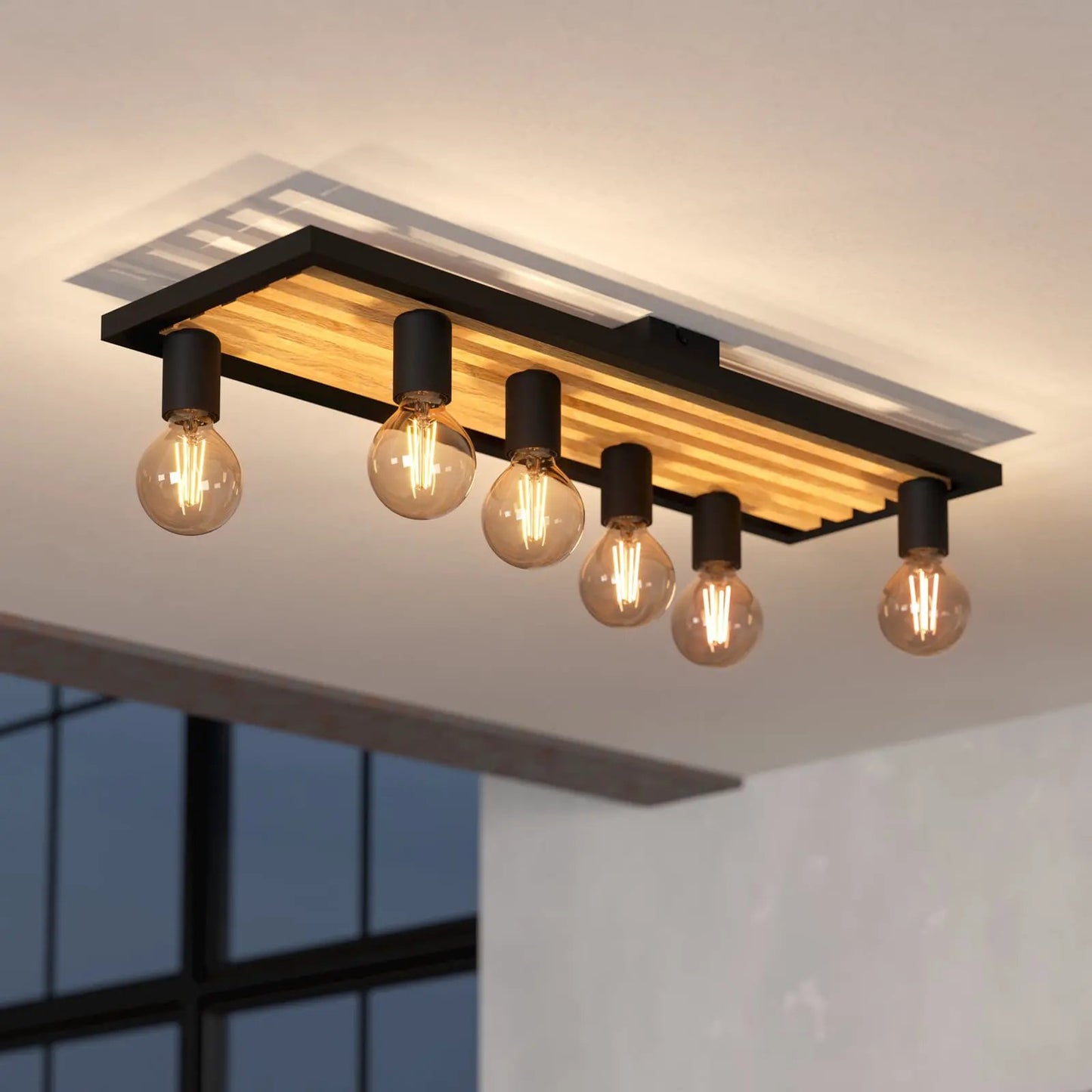 Consett ceiling lamp, black/brown, wood, 78 cm, 6-bulb, E27