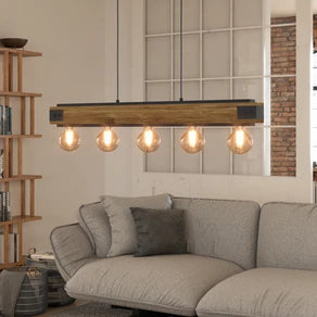 Layham hanging light, black/light wood, length 96 cm, 5-bulb.