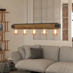 Layham hanging light, black/light wood, length 96 cm, 5-bulb.