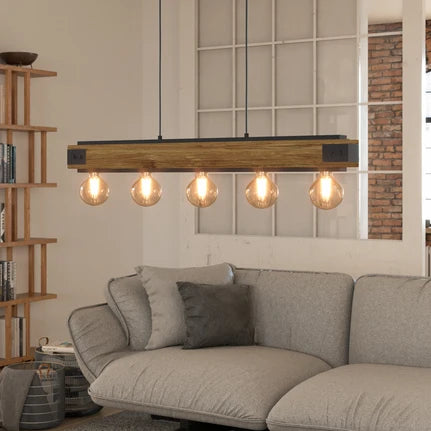 Layham hanging light, black/light wood, length 96 cm, 5-bulb.