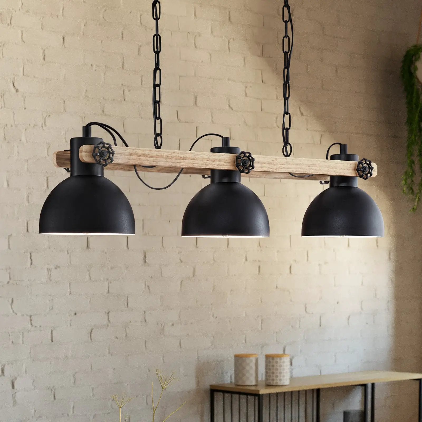 Lubenham hanging light, black/light wood, length 90 cm, 3-bulb.