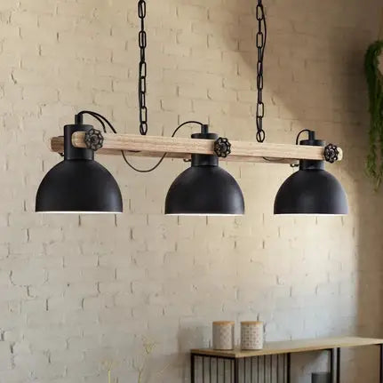 Lubenham hanging light, black/light wood, length 90 cm, 3-bulb.