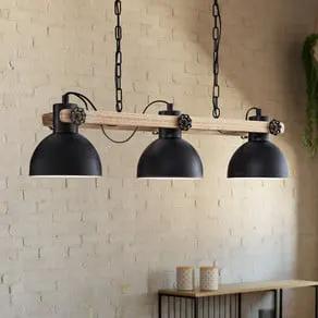 Lubenham hanging light, black/light wood, length 90 cm, 3-bulb.