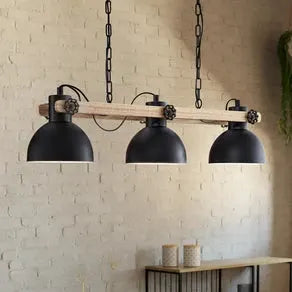 Lubenham hanging light, black/light wood, length 90 cm, 3-bulb.