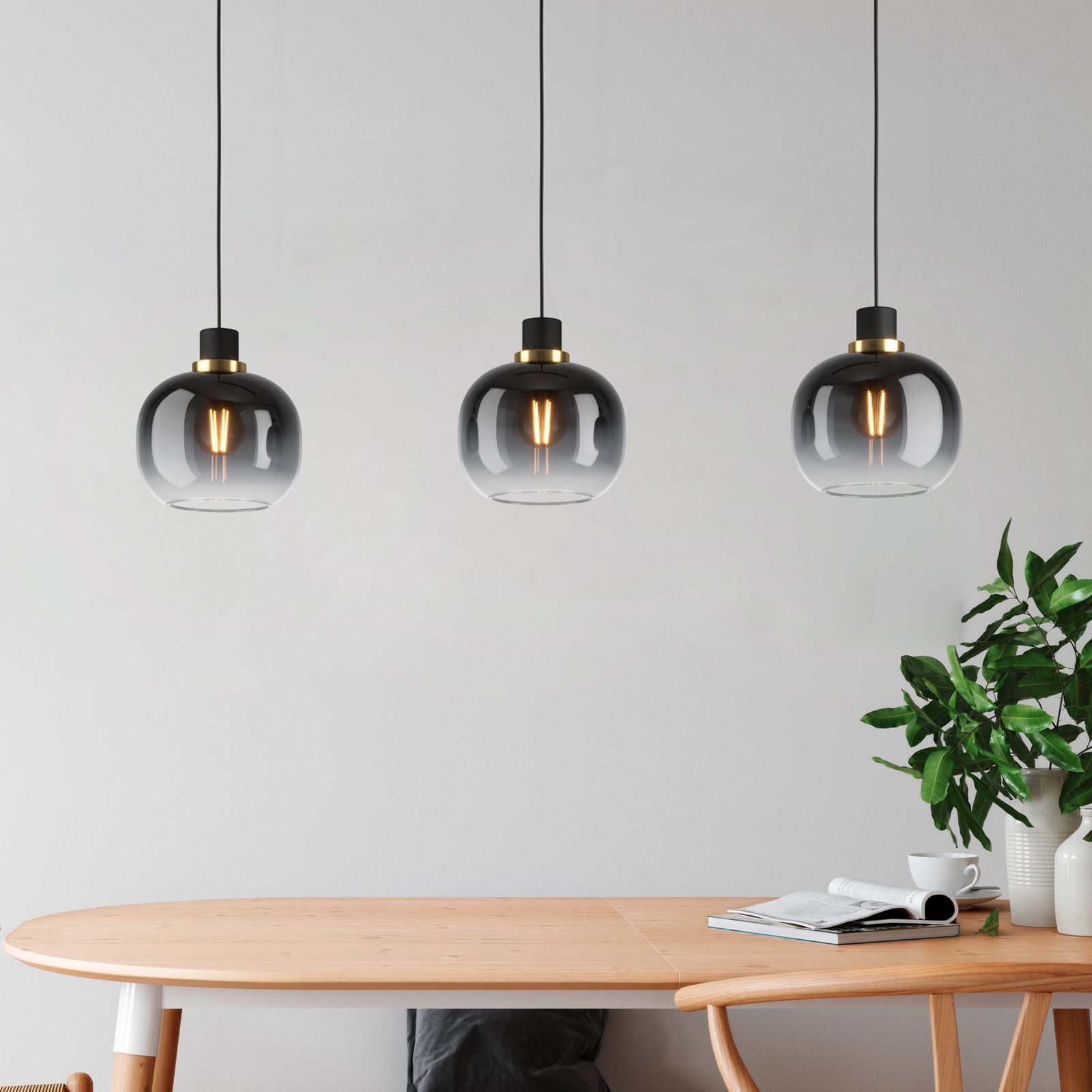 Oilella hanging light, black-grey, length 95 cm, glass, 3-bulb.