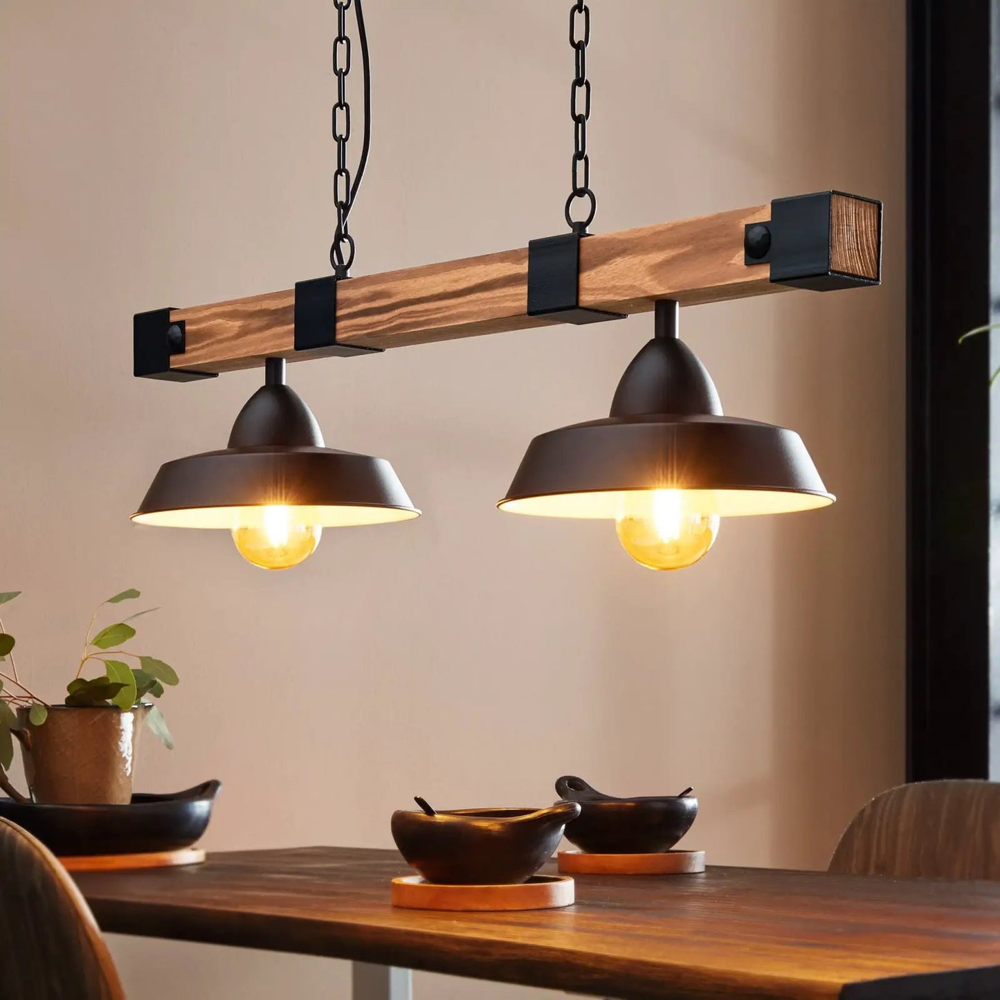 Oldbury hanging light, black/dark wood, length 86 cm, 2-bulb.