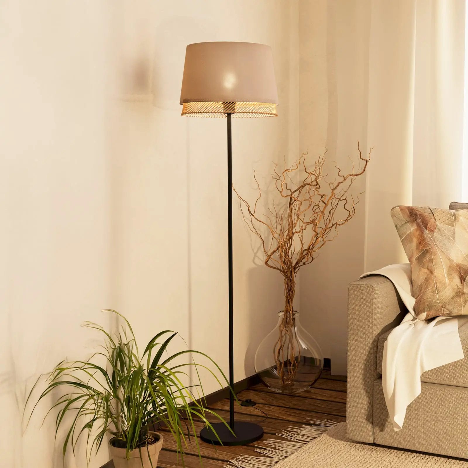 Tabley floor lamp, black/natural colour, height 153 cm, fabric