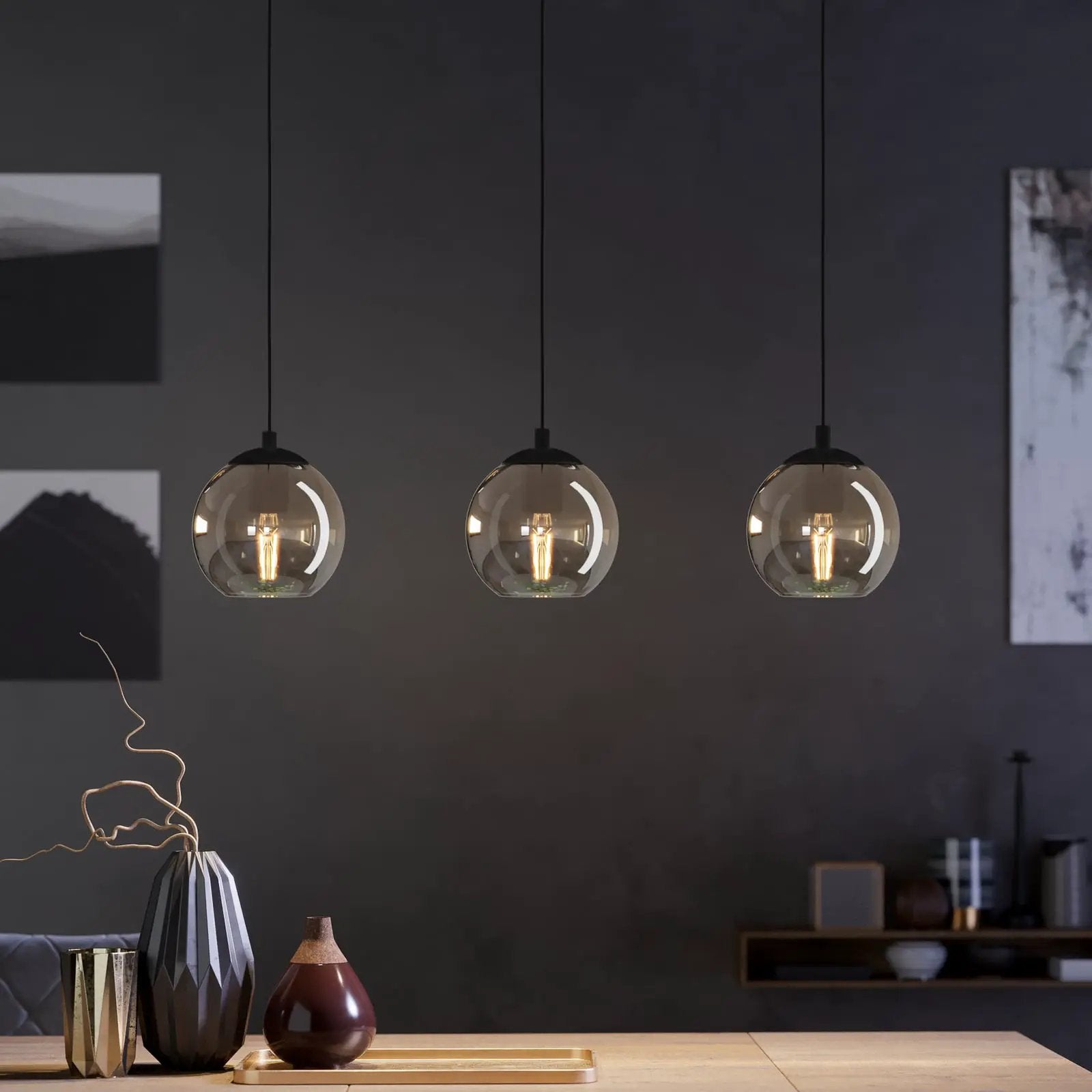 Ariscani hanging light, smoke grey, length 77 cm, 3-bulb glass E27