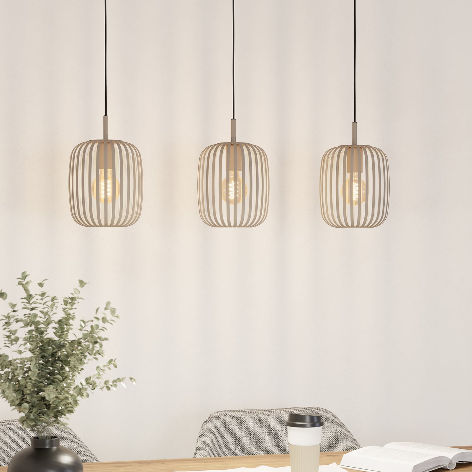 Romazzina pendant light, beige, length 90 cm, 3-bulb, metal