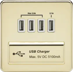 ML Polished Brass 230V Quad USB-A Charger Outlet (5V DC 5.1A shared) - Polished Brass with White Insert - ML Polished Brass 230V Quad USB-A Charger Outlet (5V DC 5.1A shared) - Polished Brass with White Insert