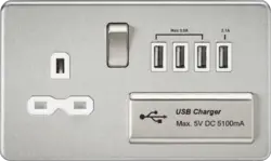 Brushed Chrome ML 13A Switched Socket with Quad USB-A (5V DC 5.1A shared) - Brushed Chrome with White Insert - Electrical Brushed Chrome ML 13A Switched Socket with Quad USB-A (5V DC 5.1A shared) - Brushed Chrome with White Insert Electrical