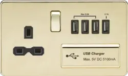 ML Polished Brass 13A Switched Socket with Quad USB-A (5V DC 5.1A shared) - Polished Brass with Black Insert - ML Polished Brass 13A Switched Socket with Quad USB-A (5V DC 5.1A shared) - Polished Brass with Black Insert