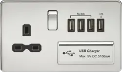 ml Polished chrome 13A Switched Socket with Quad USB-A (5V DC 5.1A shared) - Polished Chrome with Black Insert - ml Polished chrome 13A Switched Socket with Quad USB-A (5V DC 5.1A shared) - Polished Chrome with Black Insert