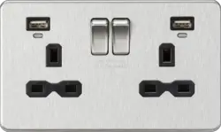 Brushed Chrome ML 13A 2G Switched Socket, Dual USB (2.4A) with LED Charge Indicators - Brushed Chrome w/black insert - Electrical Brushed Chrome ML 13A 2G Switched Socket, Dual USB (2.4A) with LED Charge Indicators - Brushed Chrome w/black insert Electrical