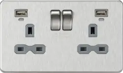 Brushed Chrome ML 13A 2G Switched Socket, Dual USB (2.4A) with LED Charge Indicators - Brushed Chrome w/grey insert - Electrical Brushed Chrome ML 13A 2G Switched Socket, Dual USB (2.4A) with LED Charge Indicators - Brushed Chrome w/grey insert Electrical