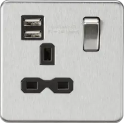 Brushed Chrome ML 13A 1G SP Switched Socket with Dual USB A+A (5V DC 2.4A shared) - Brushed Chrome with Black Insert - Electrical Brushed Chrome ML 13A 1G SP Switched Socket with Dual USB A+A (5V DC 2.4A shared) - Brushed Chrome with Black Insert Electrical