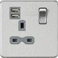 Brushed Chrome ML 13A 1G SP Switched Socket with Dual USB A+A (5V DC 2.4A shared) - Brushed Chrome with Grey Insert - Electrical Brushed Chrome ML 13A 1G SP Switched Socket with Dual USB A+A (5V DC 2.4A shared) - Brushed Chrome with Grey Insert Electrical