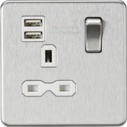 Brushed Chrome ML 13A 1G SP Switched Socket with Dual USB A+A (5V DC 2.4A shared) - Brushed Chrome with White Insert - Electrical Brushed Chrome ML 13A 1G SP Switched Socket with Dual USB A+A (5V DC 2.4A shared) - Brushed Chrome with White Insert Electrical