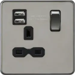 black nickel ml 13A 1G SP Switched Socket with Dual USB A+A (5V DC 2.4A shared) - Black Nickel with Black Insert - black nickel ml 13A 1G SP Switched Socket with Dual USB A+A (5V DC 2.4A shared) - Black Nickel with Black Insert