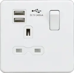 ml matt white 13A 1G SP Switched Socket with Dual USB A+A (5V DC 2.4A shared) - Matt White with White Insert - Electrical ml matt white 13A 1G SP Switched Socket with Dual USB A+A (5V DC 2.4A shared) - Matt White with White Insert Electrical