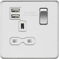 ml Polished chrome 13A 1G SP Switched Socket with Dual USB A+A (5V DC 2.4A shared) - Polished Chrome with White Insert - ml Polished chrome 13A 1G SP Switched Socket with Dual USB A+A (5V DC 2.4A shared) - Polished Chrome with White Insert