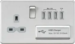Brushed Chrome ML 13A Switched Socket with Quad USB-A (5V DC 5.1A shared) - Brushed Chrome with Grey Insert - Electrical Brushed Chrome ML 13A Switched Socket with Quad USB-A (5V DC 5.1A shared) - Brushed Chrome with Grey Insert Electrical