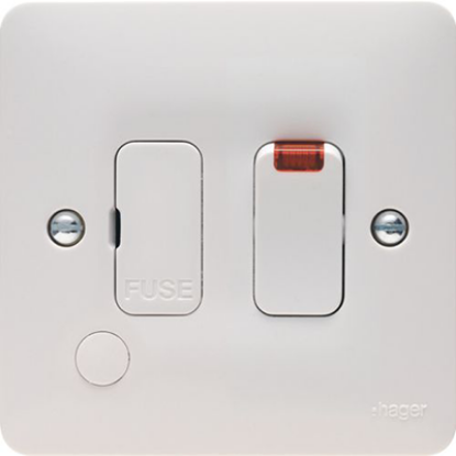 White fused connection unit switch with LED indicator and flex outlet for UK electrical wiring