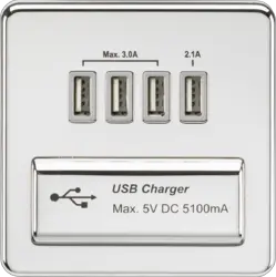 ml Polished chrome 230V Quad USB-A Charger Outlet (5V DC 5.1A shared) - Polished chrome with grey insert - ml Polished chrome 230V Quad USB-A Charger Outlet (5V DC 5.1A shared) - Polished chrome with grey insert