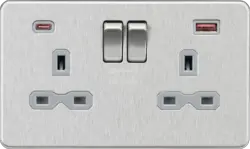 Brushed Chrome ML 13A 2G DP Switched Socket with Dual USB A+C 20V DC 2.25A (Max. 45W) - Brushed Chrome w/Grey Insert - Electrical Brushed Chrome ML 13A 2G DP Switched Socket with Dual USB A+C 20V DC 2.25A (Max. 45W) - Brushed Chrome w/Grey Insert Electrical