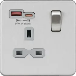 Brushed Chrome ML 13A 1G SP Switched Socket with Dual USB A+C 12V DC 1.5A [Max. 18W] - Brushed Chrome with Grey Insert - Electrical Brushed Chrome ML 13A 1G SP Switched Socket with Dual USB A+C 12V DC 1.5A [Max. 18W] - Brushed Chrome with Grey Insert Electrical