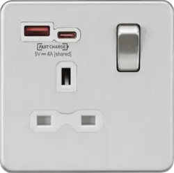 Brushed Chrome ML 13A 1G SP Switched Socket with Dual USB A+C 12V DC 1.5A [Max. 18W] - Brushed Chrome w/White Insert - Electrical Brushed Chrome ML 13A 1G SP Switched Socket with Dual USB A+C 12V DC 1.5A [Max. 18W] - Brushed Chrome w/White Insert Electrical
