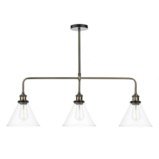 dar lighting Där Lighting Group, Dar RAY0375 Ray 3 Light Bar Pendant Antique Brass Clear - dar lighting Där Lighting Group, Dar RAY0375 Ray 3 Light Bar Pendant Antique Brass Clear