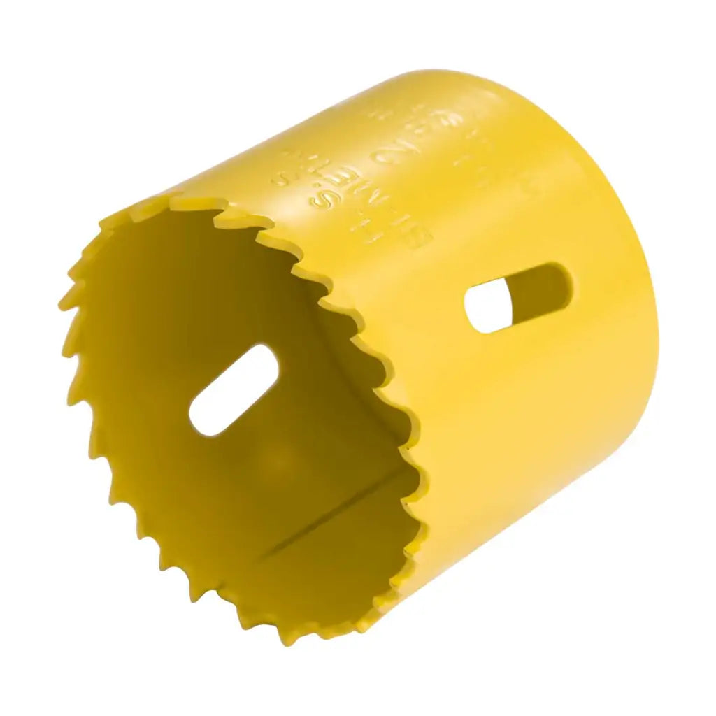 Yellow bi-metal hole saw with sharp teeth for electrical lighting installations