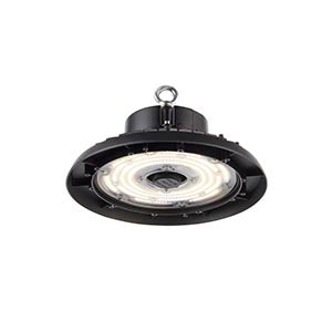 LED industrial high bay light with black housing and circular design