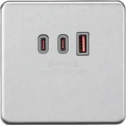 Brushed Chrome ML 230V Triple USB Charger Plate 2xUSB-C 1xUSB-A [20V DC Max. 63W] - Brushed Chrome with grey insert - Electrical Brushed Chrome ML 230V Triple USB Charger Plate 2xUSB-C 1xUSB-A [20V DC Max. 63W] - Brushed Chrome with grey insert Electrical